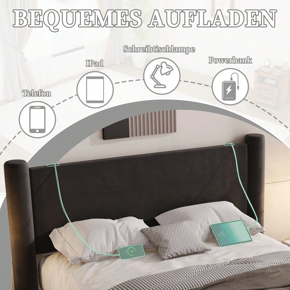 140x200 cm Bettgestell mit modernem Design, 3D-Säulen-Design, dick gepolsterte Kopfteil, 2 Stauraumschubladen und integrierte USB-Anschlüsse für praktischen Komfort und Stil im Schlafzimmer,Schwarz