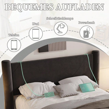 140x200 cm Bettgestell mit modernem Design, 3D-Säulen-Design, dick gepolsterte Kopfteil, 2 Stauraumschubladen und integrierte USB-Anschlüsse für praktischen Komfort und Stil im Schlafzimmer,Schwarz