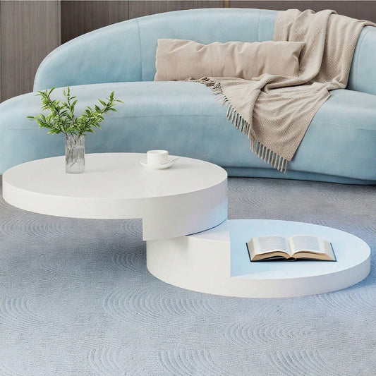 70*70*35.5cm Couchtisch, Obere Tischplatte 360° frei drehbar, Drehbarer Sofatisch mit 16-farbiger LED-Lichtleiste, Zylindrischer Wohnzimmertisch aus MDF, belastbar bis 30 kg, 2-Schicht-Aufbau,Weiß
