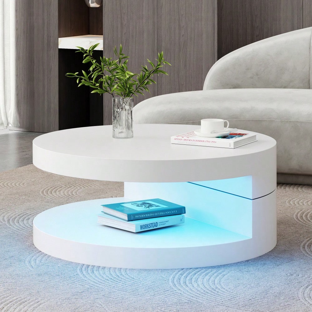 70*70*35.5cm Couchtisch, Obere Tischplatte 360° frei drehbar, Drehbarer Sofatisch mit 16-farbiger LED-Lichtleiste, Zylindrischer Wohnzimmertisch aus MDF, belastbar bis 30 kg, 2-Schicht-Aufbau,Weiß
