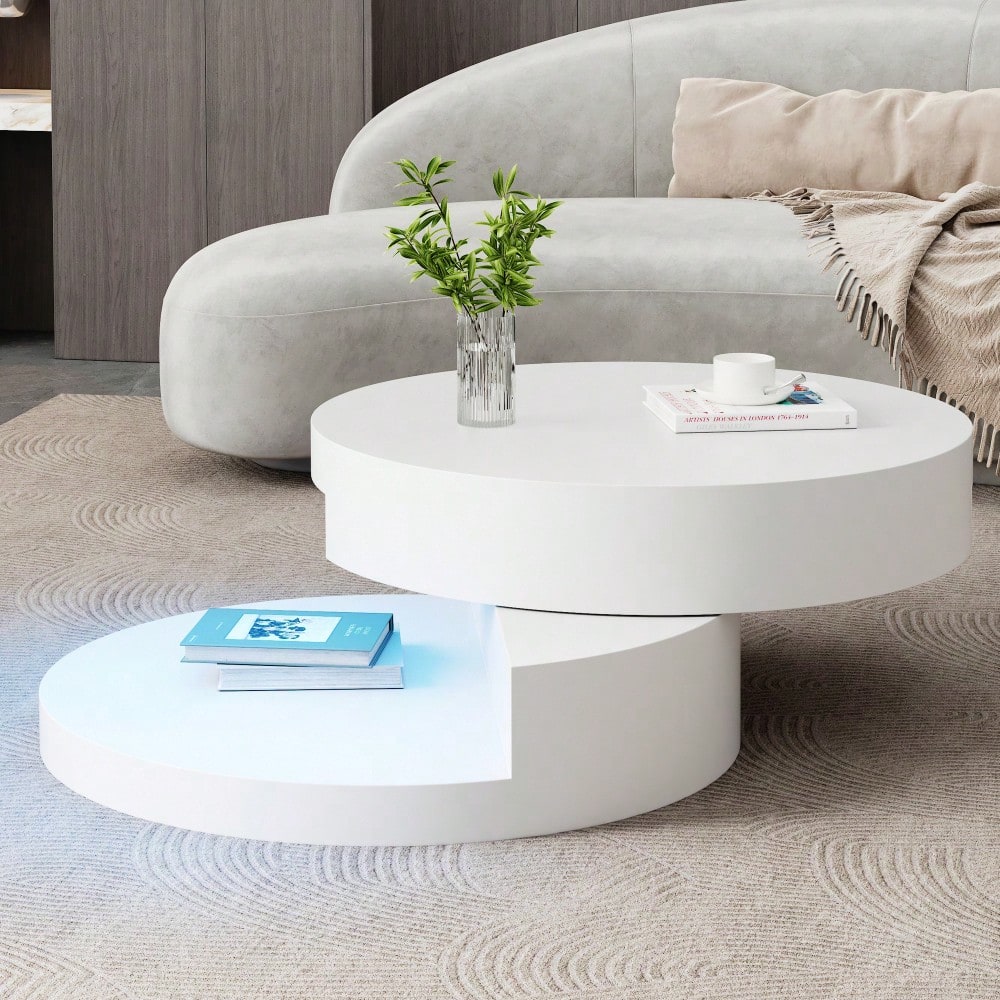 70*70*35.5cm Couchtisch, Obere Tischplatte 360° frei drehbar, Drehbarer Sofatisch mit 16-farbiger LED-Lichtleiste, Zylindrischer Wohnzimmertisch aus MDF, belastbar bis 30 kg, 2-Schicht-Aufbau,Weiß