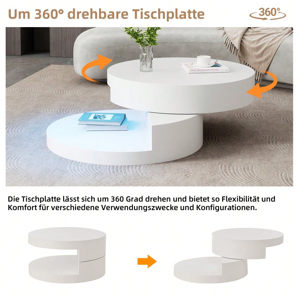 70*70*35.5cm Couchtisch, Obere Tischplatte 360° frei drehbar, Drehbarer Sofatisch mit 16-farbiger LED-Lichtleiste, Zylindrischer Wohnzimmertisch aus MDF, belastbar bis 30 kg, 2-Schicht-Aufbau,Weiß