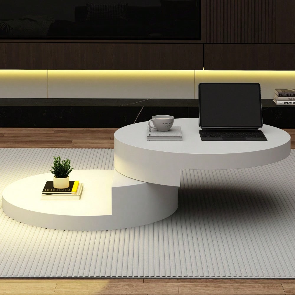 70*70*35.5cm Couchtisch, Obere Tischplatte 360° frei drehbar, Drehbarer Sofatisch mit 16-farbiger LED-Lichtleiste, Zylindrischer Wohnzimmertisch aus MDF, belastbar bis 30 kg, 2-Schicht-Aufbau,Weiß