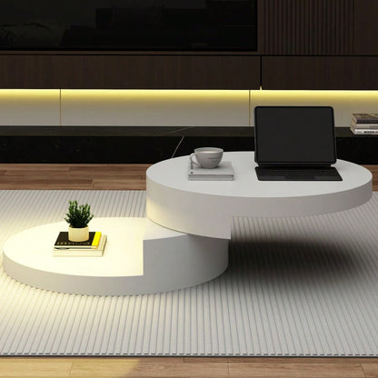 70*70*35.5cm Couchtisch, Obere Tischplatte 360° frei drehbar, Drehbarer Sofatisch mit 16-farbiger LED-Lichtleiste, Zylindrischer Wohnzimmertisch aus MDF, belastbar bis 30 kg, 2-Schicht-Aufbau,Weiß