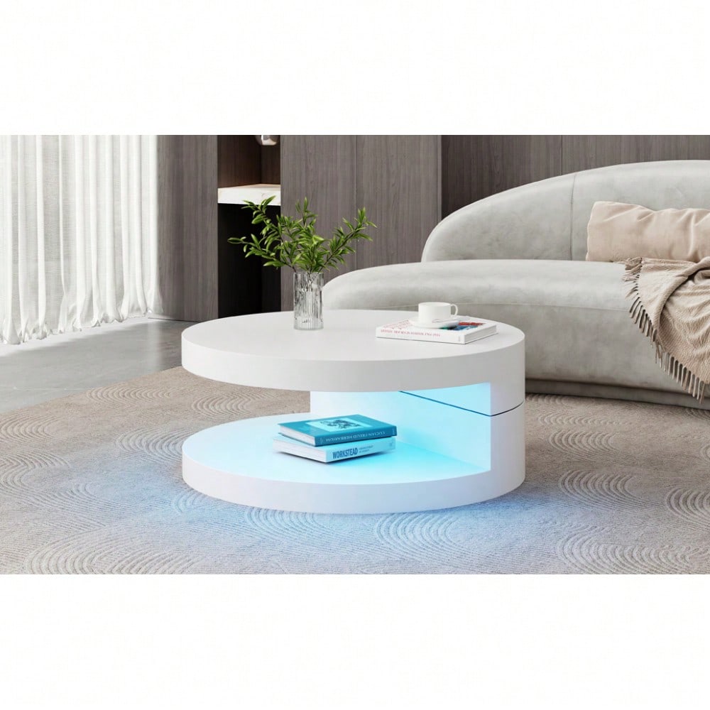 70*70*35.5cm Couchtisch, Obere Tischplatte 360° frei drehbar, Drehbarer Sofatisch mit 16-farbiger LED-Lichtleiste, Zylindrischer Wohnzimmertisch aus MDF, belastbar bis 30 kg, 2-Schicht-Aufbau,Weiß
