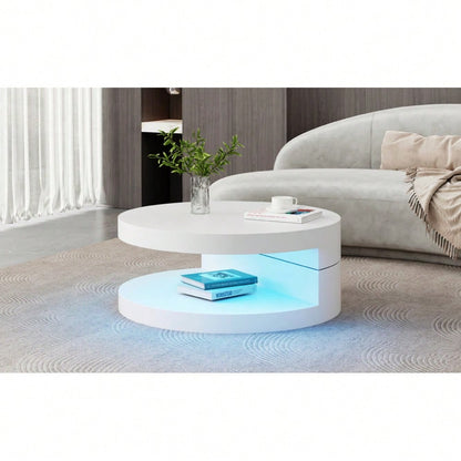 70*70*35.5cm Couchtisch, Obere Tischplatte 360° frei drehbar, Drehbarer Sofatisch mit 16-farbiger LED-Lichtleiste, Zylindrischer Wohnzimmertisch aus MDF, belastbar bis 30 kg, 2-Schicht-Aufbau,Weiß