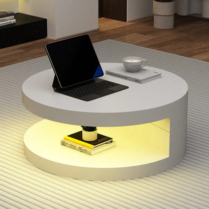 70*70*35.5cm Couchtisch, Obere Tischplatte 360° frei drehbar, Drehbarer Sofatisch mit 16-farbiger LED-Lichtleiste, Zylindrischer Wohnzimmertisch aus MDF, belastbar bis 30 kg, 2-Schicht-Aufbau,Weiß