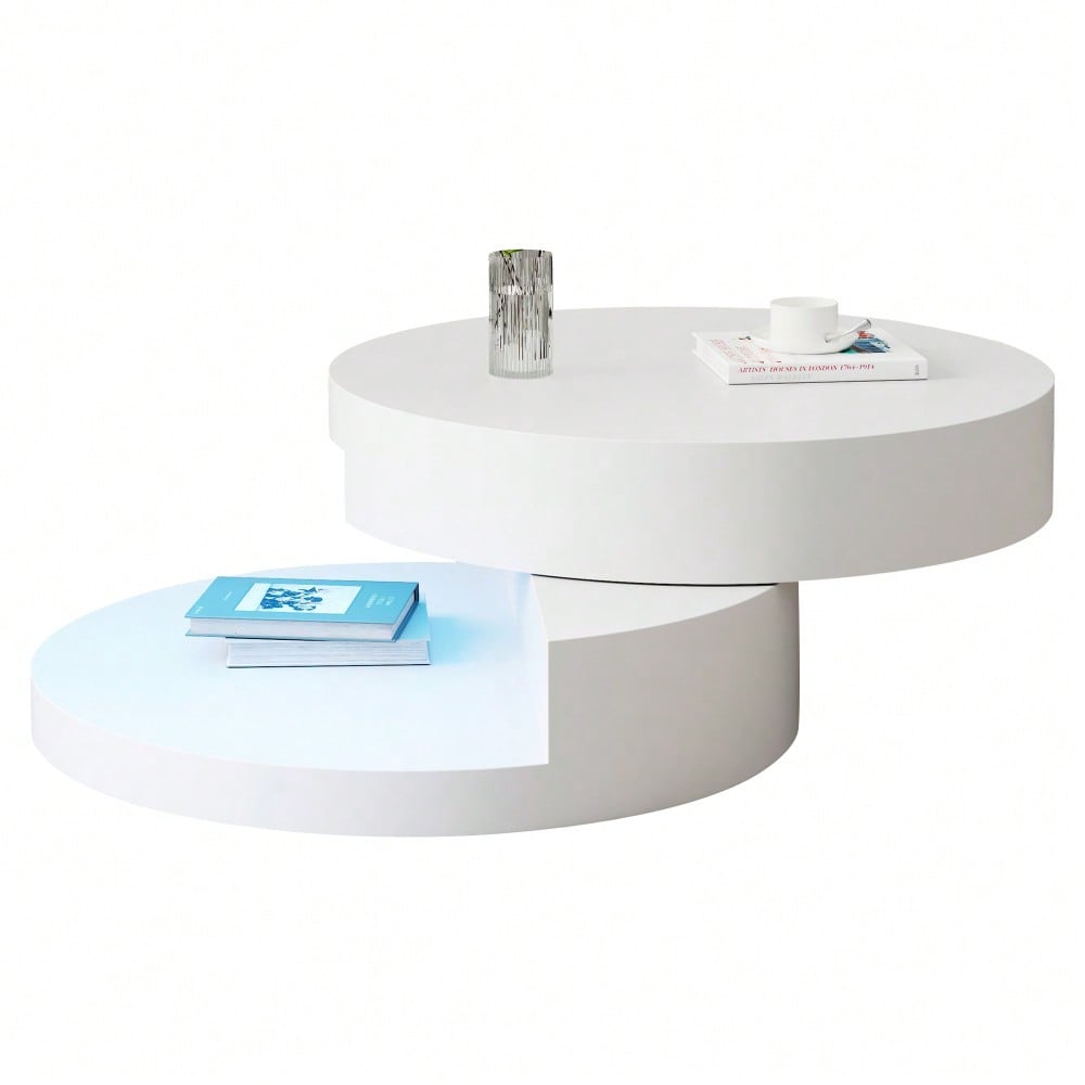 70*70*35.5cm Couchtisch, Obere Tischplatte 360° frei drehbar, Drehbarer Sofatisch mit 16-farbiger LED-Lichtleiste, Zylindrischer Wohnzimmertisch aus MDF, belastbar bis 30 kg, 2-Schicht-Aufbau,Weiß