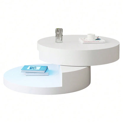 70*70*35.5cm Couchtisch, Obere Tischplatte 360° frei drehbar, Drehbarer Sofatisch mit 16-farbiger LED-Lichtleiste, Zylindrischer Wohnzimmertisch aus MDF, belastbar bis 30 kg, 2-Schicht-Aufbau,Weiß