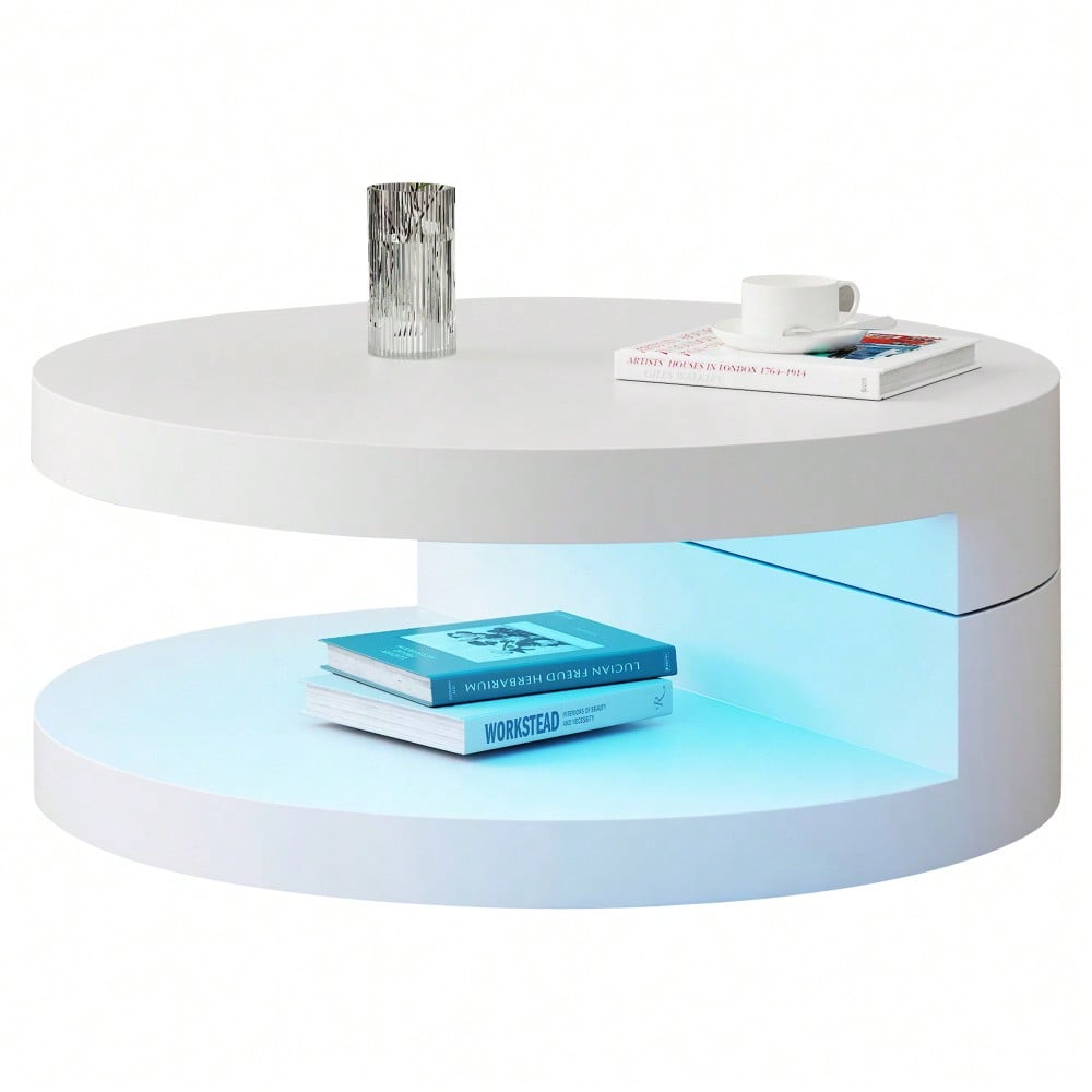 70*70*35.5cm Couchtisch, Obere Tischplatte 360° frei drehbar, Drehbarer Sofatisch mit 16-farbiger LED-Lichtleiste, Zylindrischer Wohnzimmertisch aus MDF, belastbar bis 30 kg, 2-Schicht-Aufbau,Weiß