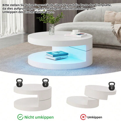 70*70*35.5cm Couchtisch, Obere Tischplatte 360° frei drehbar, Drehbarer Sofatisch mit 16-farbiger LED-Lichtleiste, Zylindrischer Wohnzimmertisch aus MDF, belastbar bis 30 kg, 2-Schicht-Aufbau,Weiß