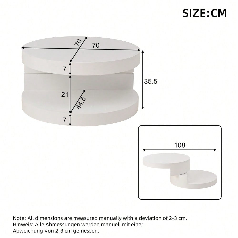 70*70*35.5cm Couchtisch, Obere Tischplatte 360° frei drehbar, Drehbarer Sofatisch mit 16-farbiger LED-Lichtleiste, Zylindrischer Wohnzimmertisch aus MDF, belastbar bis 30 kg, 2-Schicht-Aufbau,Weiß