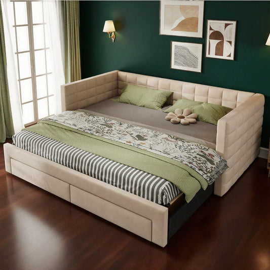 Polsterbett 3-in-1 Ausziehbares Schlafsofa 90 x 190 cm, Multifunktionsbett, mit Schubladen, umbaubar in Einzel-/Doppelbett  mit Lattenrost,  Baumwolle und Leinen, beige  (Matratze nicht enthalten)