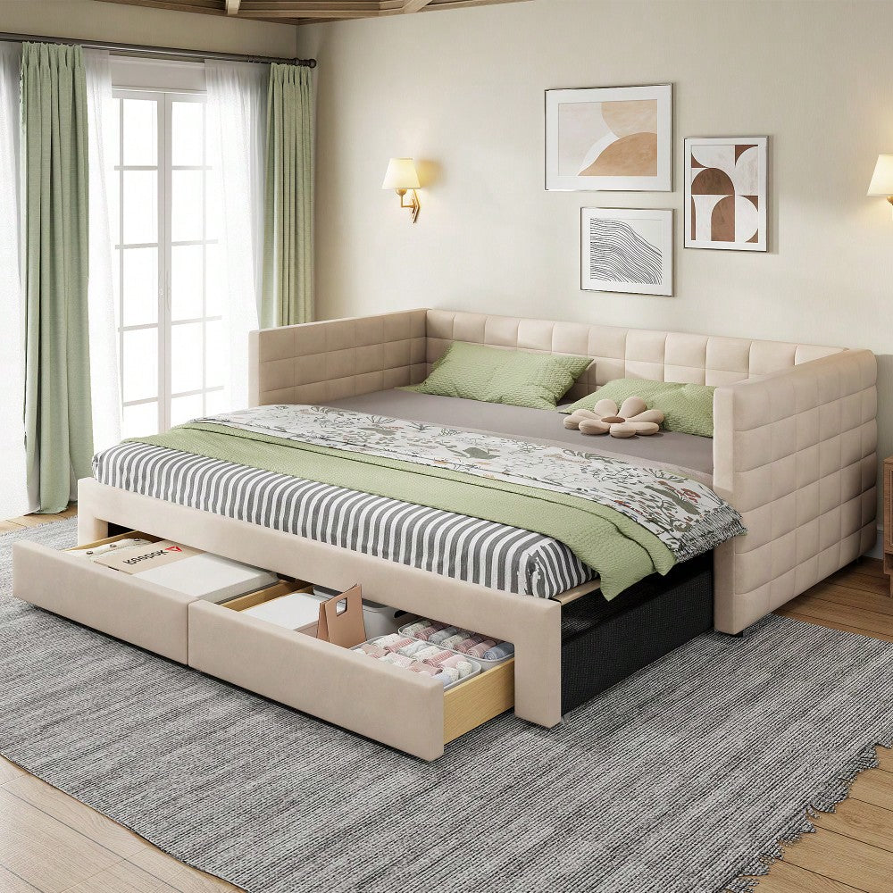 Polsterbett 3-in-1 Ausziehbares Schlafsofa 90 x 190 cm, Multifunktionsbett, mit Schubladen, umbaubar in Einzel-/Doppelbett  mit Lattenrost,  Baumwolle und Leinen, beige  (Matratze nicht enthalten)