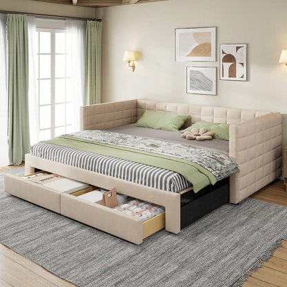 Polsterbett 3-in-1 Ausziehbares Schlafsofa 90 x 190 cm, Multifunktionsbett, mit Schubladen, umbaubar in Einzel-/Doppelbett  mit Lattenrost,  Baumwolle und Leinen, beige  (Matratze nicht enthalten)
