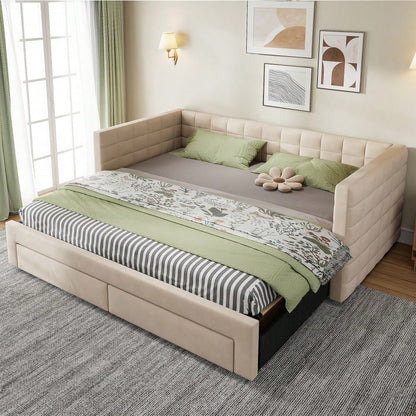 Polsterbett 3-in-1 Ausziehbares Schlafsofa 90 x 190 cm, Multifunktionsbett, mit Schubladen, umbaubar in Einzel-/Doppelbett  mit Lattenrost,  Baumwolle und Leinen, beige  (Matratze nicht enthalten)