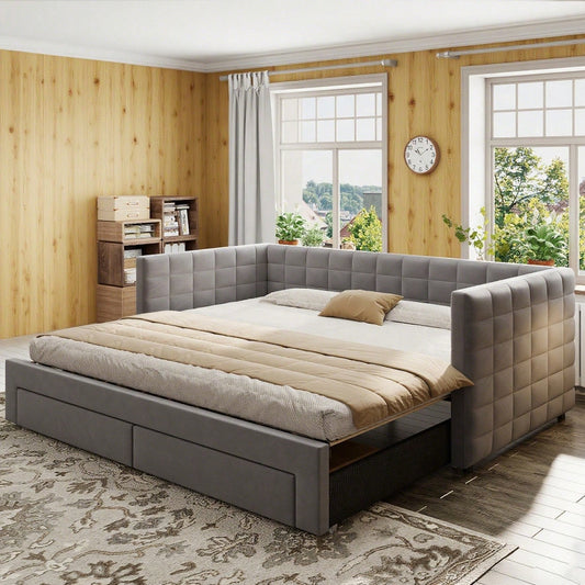 Polsterbett 3-in-1 Ausziehbares Schlafsofa 90 x 190 cm, Multifunktionsbett, mit Schubladen, umbaubar in Einzel-/Doppelbett  mit Lattenrost,  Baumwolle und Leinen, Grau (Matratze nicht enthalten)