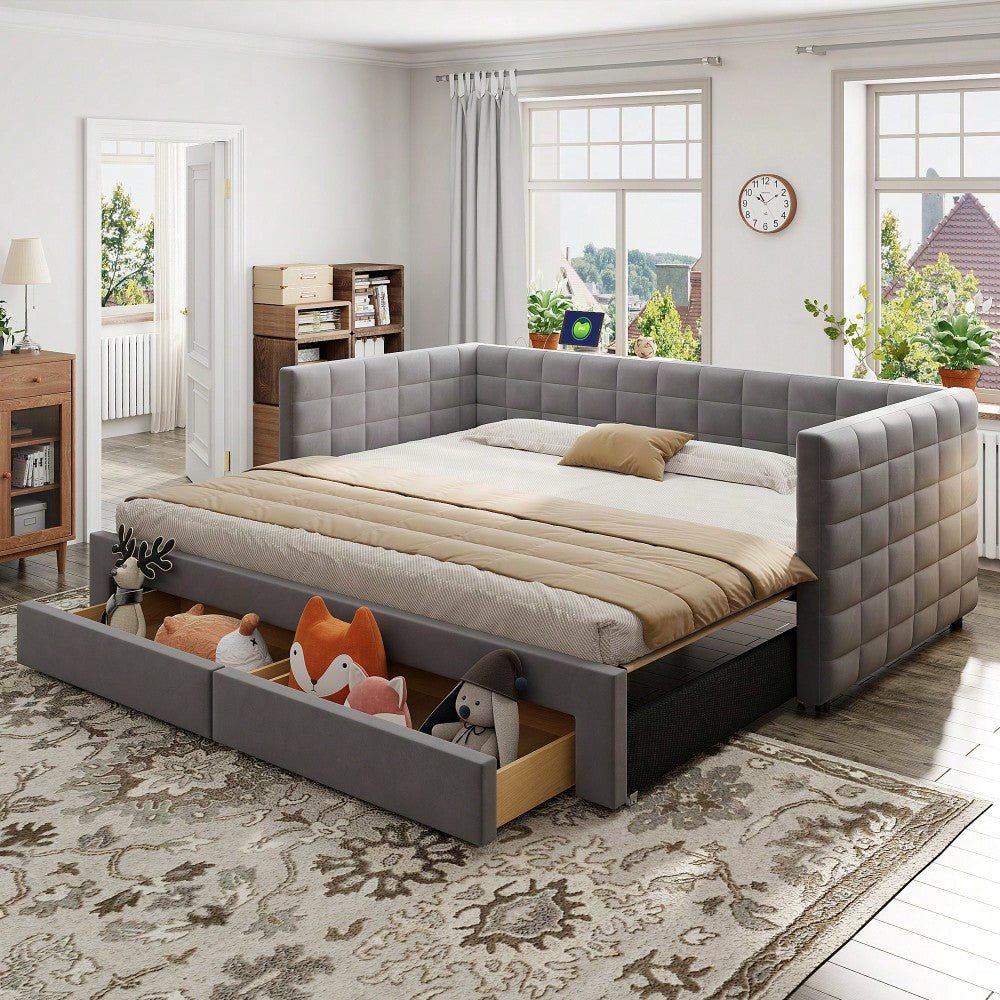 Polsterbett 3-in-1 Ausziehbares Schlafsofa 90 x 190 cm, Multifunktionsbett, mit Schubladen, umbaubar in Einzel-/Doppelbett  mit Lattenrost,  Baumwolle und Leinen, Grau (Matratze nicht enthalten)