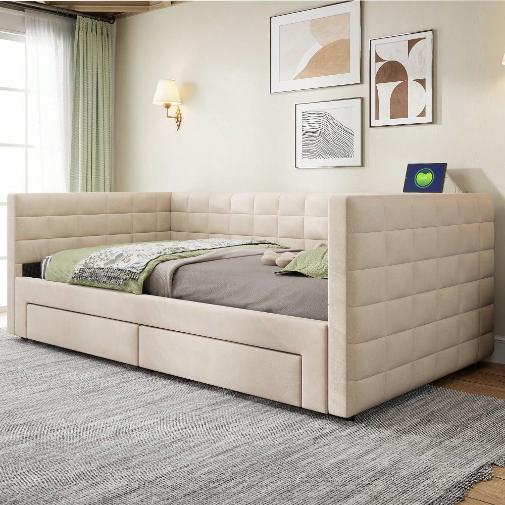 Polsterbett 3-in-1 Ausziehbares Schlafsofa 90 x 190 cm, Multifunktionsbett, mit Schubladen, umbaubar in Einzel-/Doppelbett  mit Lattenrost,  Baumwolle und Leinen, beige  (Matratze nicht enthalten)