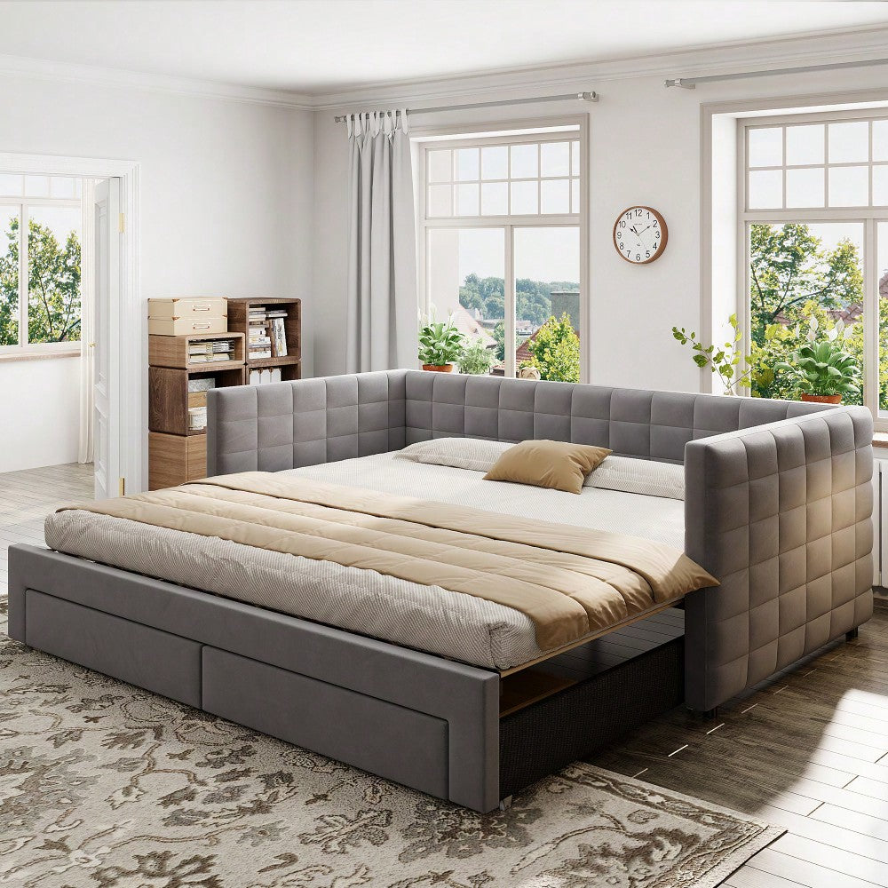 Polsterbett 3-in-1 Ausziehbares Schlafsofa 90 x 190 cm, Multifunktionsbett, mit Schubladen, umbaubar in Einzel-/Doppelbett  mit Lattenrost,  Baumwolle und Leinen, Grau (Matratze nicht enthalten)