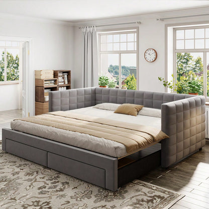 Polsterbett 3-in-1 Ausziehbares Schlafsofa 90 x 190 cm, Multifunktionsbett, mit Schubladen, umbaubar in Einzel-/Doppelbett  mit Lattenrost,  Baumwolle und Leinen, Grau (Matratze nicht enthalten)