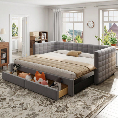 Polsterbett 3-in-1 Ausziehbares Schlafsofa 90 x 190 cm, Multifunktionsbett, mit Schubladen, umbaubar in Einzel-/Doppelbett  mit Lattenrost,  Baumwolle und Leinen, Grau (Matratze nicht enthalten)