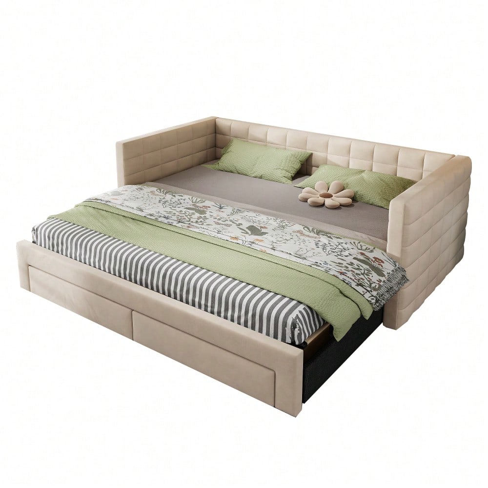 Polsterbett 3-in-1 Ausziehbares Schlafsofa 90 x 190 cm, Multifunktionsbett, mit Schubladen, umbaubar in Einzel-/Doppelbett  mit Lattenrost,  Baumwolle und Leinen, beige  (Matratze nicht enthalten)