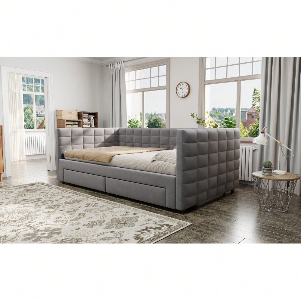 Polsterbett 3-in-1 Ausziehbares Schlafsofa 90 x 190 cm, Multifunktionsbett, mit Schubladen, umbaubar in Einzel-/Doppelbett  mit Lattenrost,  Baumwolle und Leinen, Grau (Matratze nicht enthalten)