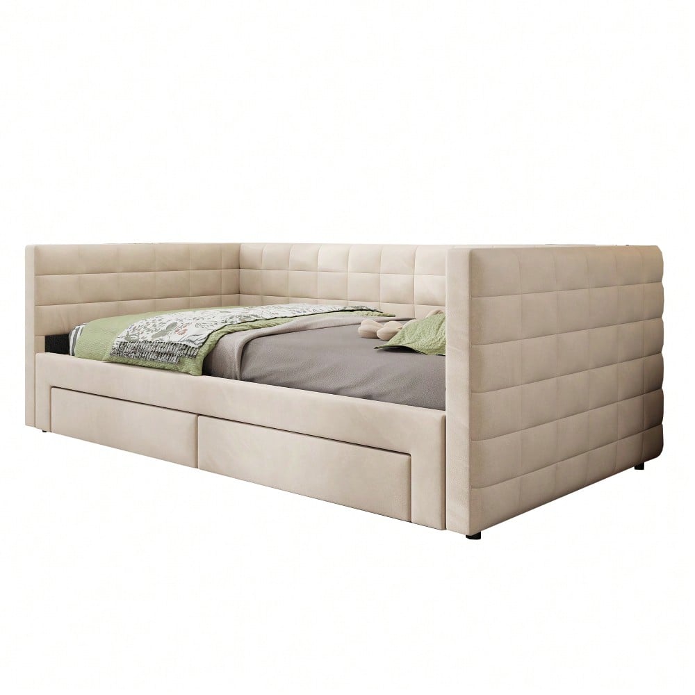 Polsterbett 3-in-1 Ausziehbares Schlafsofa 90 x 190 cm, Multifunktionsbett, mit Schubladen, umbaubar in Einzel-/Doppelbett  mit Lattenrost,  Baumwolle und Leinen, beige  (Matratze nicht enthalten)