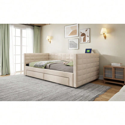 Polsterbett 3-in-1 Ausziehbares Schlafsofa 90 x 190 cm, Multifunktionsbett, mit Schubladen, umbaubar in Einzel-/Doppelbett  mit Lattenrost,  Baumwolle und Leinen, beige  (Matratze nicht enthalten)