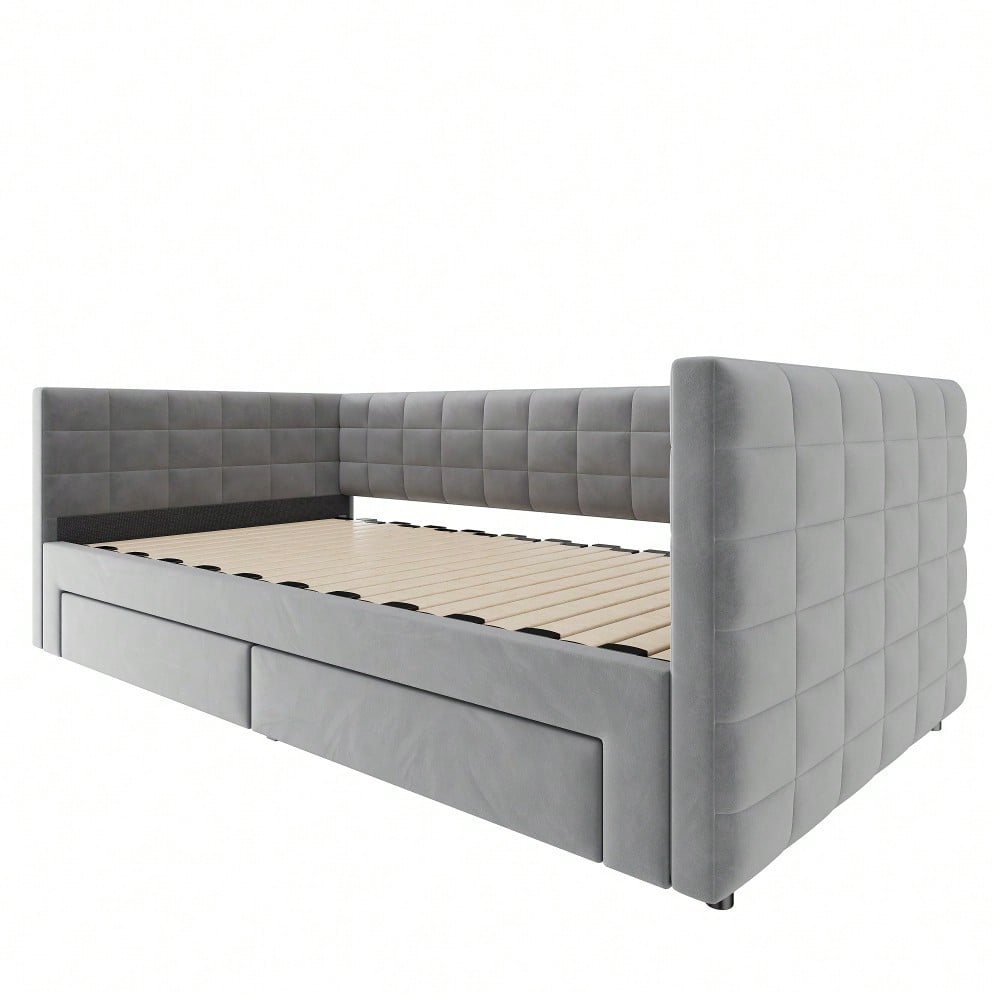 Polsterbett 3-in-1 Ausziehbares Schlafsofa 90 x 190 cm, Multifunktionsbett, mit Schubladen, umbaubar in Einzel-/Doppelbett  mit Lattenrost,  Baumwolle und Leinen, Grau (Matratze nicht enthalten)