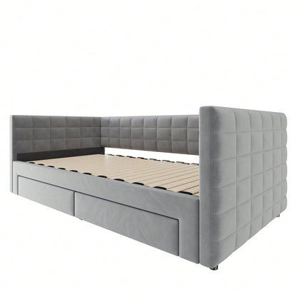 Polsterbett 3-in-1 Ausziehbares Schlafsofa 90 x 190 cm, Multifunktionsbett, mit Schubladen, umbaubar in Einzel-/Doppelbett  mit Lattenrost,  Baumwolle und Leinen, Grau (Matratze nicht enthalten)