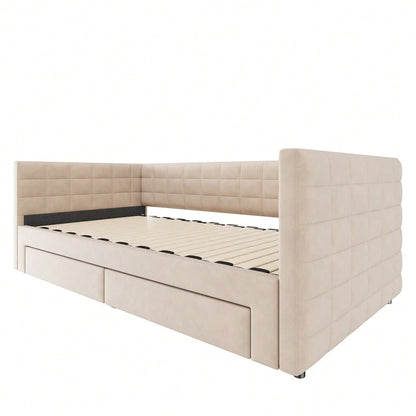 Polsterbett 3-in-1 Ausziehbares Schlafsofa 90 x 190 cm, Multifunktionsbett, mit Schubladen, umbaubar in Einzel-/Doppelbett  mit Lattenrost,  Baumwolle und Leinen, beige  (Matratze nicht enthalten)