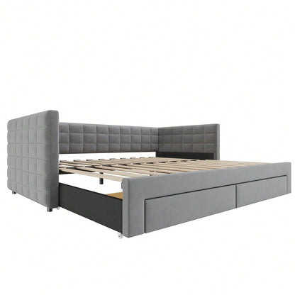 Polsterbett 3-in-1 Ausziehbares Schlafsofa 90 x 190 cm, Multifunktionsbett, mit Schubladen, umbaubar in Einzel-/Doppelbett  mit Lattenrost,  Baumwolle und Leinen, Grau (Matratze nicht enthalten)