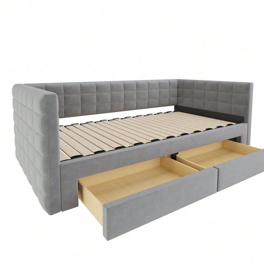 Polsterbett 3-in-1 Ausziehbares Schlafsofa 90 x 190 cm, Multifunktionsbett, mit Schubladen, umbaubar in Einzel-/Doppelbett  mit Lattenrost,  Baumwolle und Leinen, Grau (Matratze nicht enthalten)