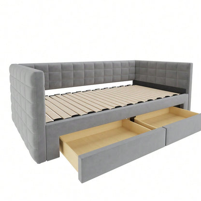 Polsterbett 3-in-1 Ausziehbares Schlafsofa 90 x 190 cm, Multifunktionsbett, mit Schubladen, umbaubar in Einzel-/Doppelbett  mit Lattenrost,  Baumwolle und Leinen, Grau (Matratze nicht enthalten)