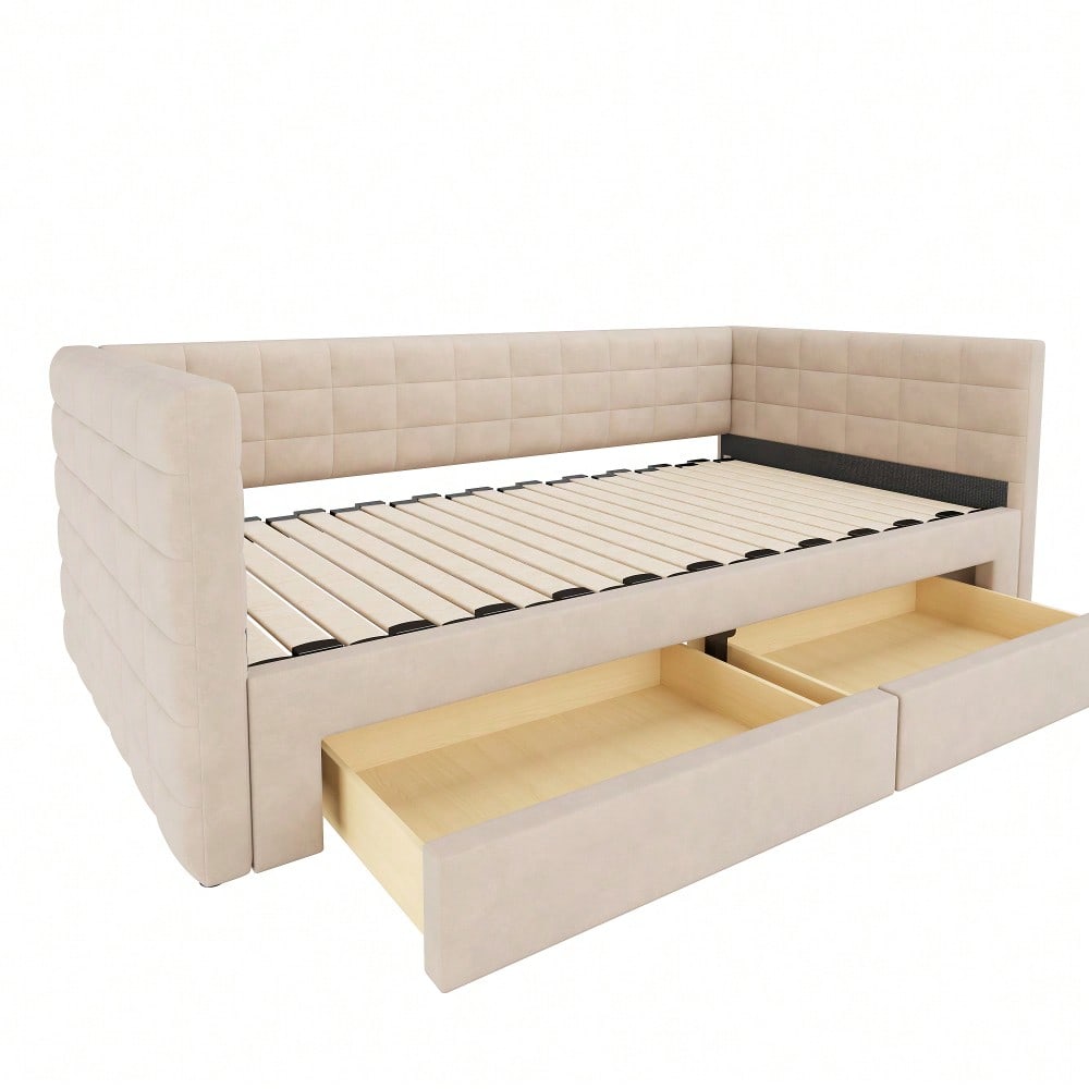 Polsterbett 3-in-1 Ausziehbares Schlafsofa 90 x 190 cm, Multifunktionsbett, mit Schubladen, umbaubar in Einzel-/Doppelbett  mit Lattenrost,  Baumwolle und Leinen, beige  (Matratze nicht enthalten)