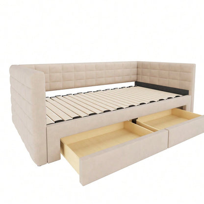 Polsterbett 3-in-1 Ausziehbares Schlafsofa 90 x 190 cm, Multifunktionsbett, mit Schubladen, umbaubar in Einzel-/Doppelbett  mit Lattenrost,  Baumwolle und Leinen, beige  (Matratze nicht enthalten)
