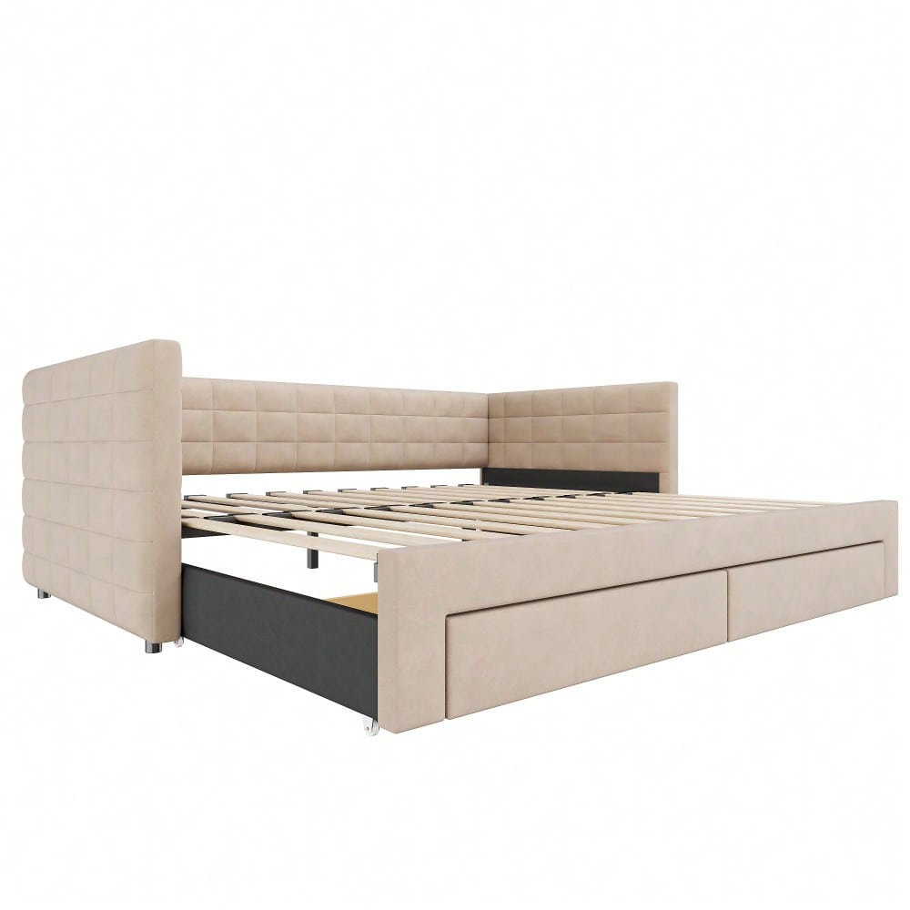 Polsterbett 3-in-1 Ausziehbares Schlafsofa 90 x 190 cm, Multifunktionsbett, mit Schubladen, umbaubar in Einzel-/Doppelbett  mit Lattenrost,  Baumwolle und Leinen, beige  (Matratze nicht enthalten)