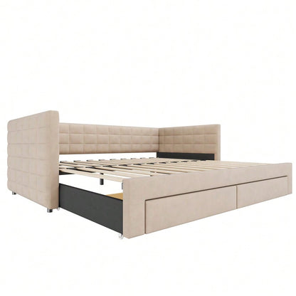 Polsterbett 3-in-1 Ausziehbares Schlafsofa 90 x 190 cm, Multifunktionsbett, mit Schubladen, umbaubar in Einzel-/Doppelbett  mit Lattenrost,  Baumwolle und Leinen, beige  (Matratze nicht enthalten)