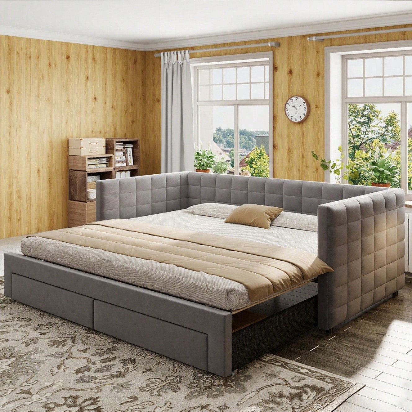 Polsterbett 3-in-1 Ausziehbares Schlafsofa 90 x 190 cm, Multifunktionsbett, mit Schubladen, umbaubar in Einzel-/Doppelbett  mit Lattenrost,  Baumwolle und Leinen, Grau (Matratze nicht enthalten)