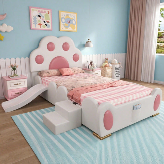 Polsterbett, Einzelbett, Kinderbett, Kopfteil in Form einer Cartoon - Katzenpfote, mit einer Kinderrutsche und einer zweistufigen Leiter,  PU-Oberfläche,Weiß + Rosa, 90x200cm
