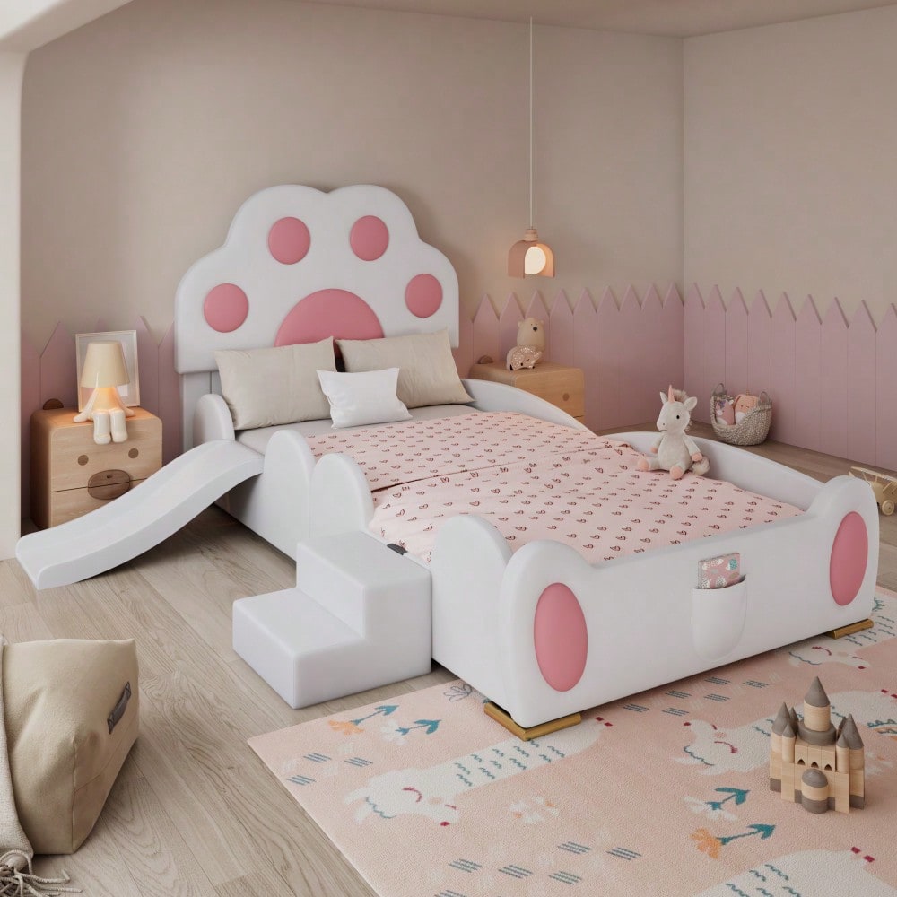 Polsterbett, Einzelbett, Kinderbett, Kopfteil in Form einer Cartoon - Katzenpfote, mit einer Kinderrutsche und einer zweistufigen Leiter,  PU-Oberfläche,Weiß + Rosa, 90x200cm