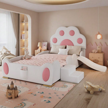 Polsterbett, Einzelbett, Kinderbett, Kopfteil in Form einer Cartoon - Katzenpfote, mit einer Kinderrutsche und einer zweistufigen Leiter,  PU-Oberfläche,Weiß + Rosa, 90x200cm