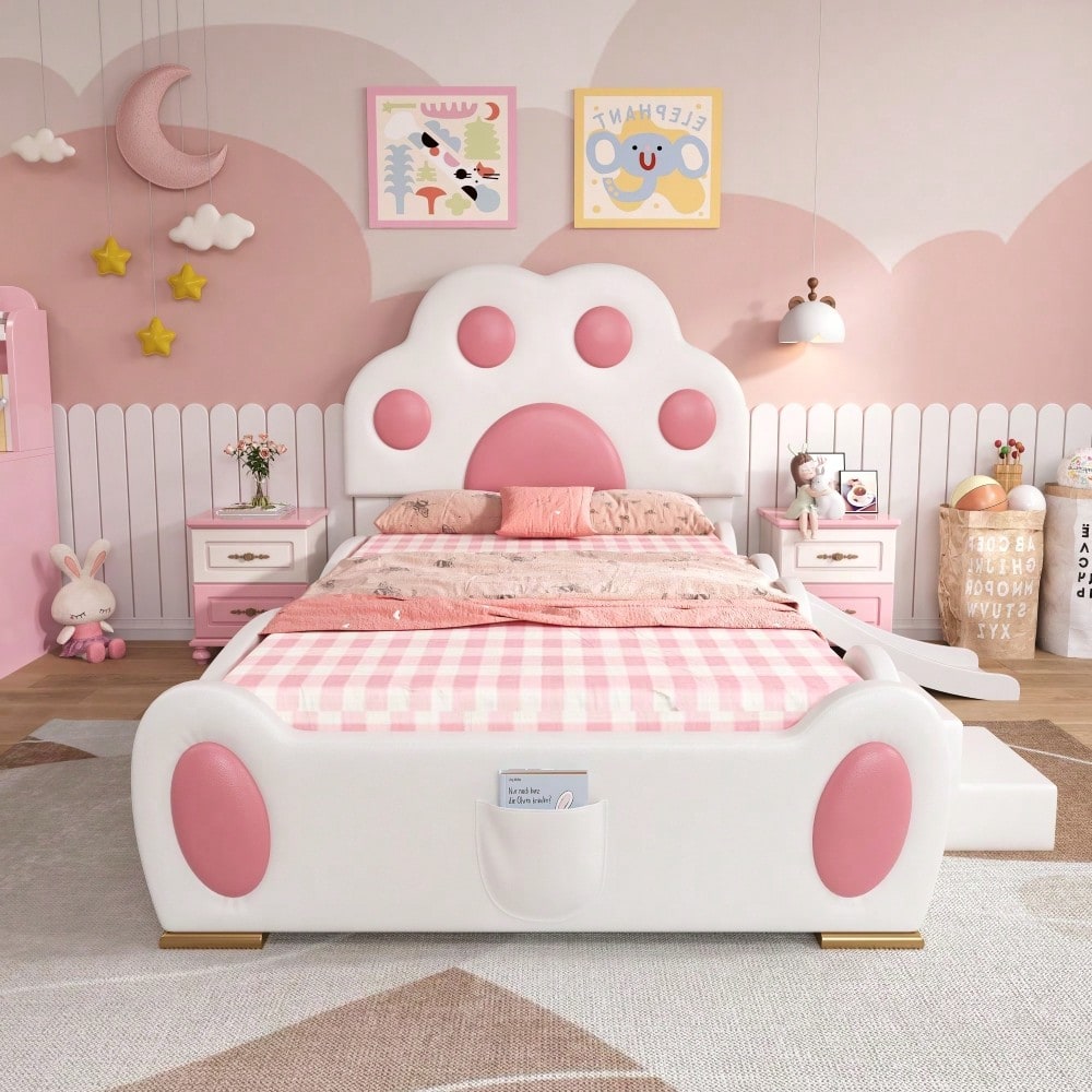 Polsterbett, Einzelbett, Kinderbett, Kopfteil in Form einer Cartoon - Katzenpfote, mit einer Kinderrutsche und einer zweistufigen Leiter,  PU-Oberfläche,Weiß + Rosa, 90x200cm