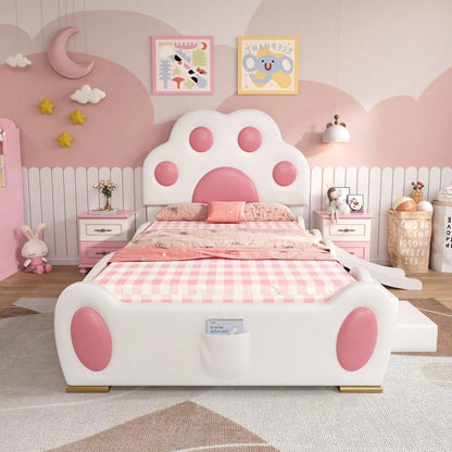 Polsterbett, Einzelbett, Kinderbett, Kopfteil in Form einer Cartoon - Katzenpfote, mit einer Kinderrutsche und einer zweistufigen Leiter,  PU-Oberfläche,Weiß + Rosa, 90x200cm