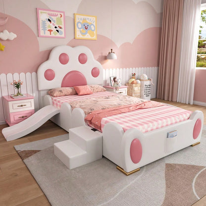 Polsterbett, Einzelbett, Kinderbett, Kopfteil in Form einer Cartoon - Katzenpfote, mit einer Kinderrutsche und einer zweistufigen Leiter,  PU-Oberfläche,Weiß + Rosa, 90x200cm