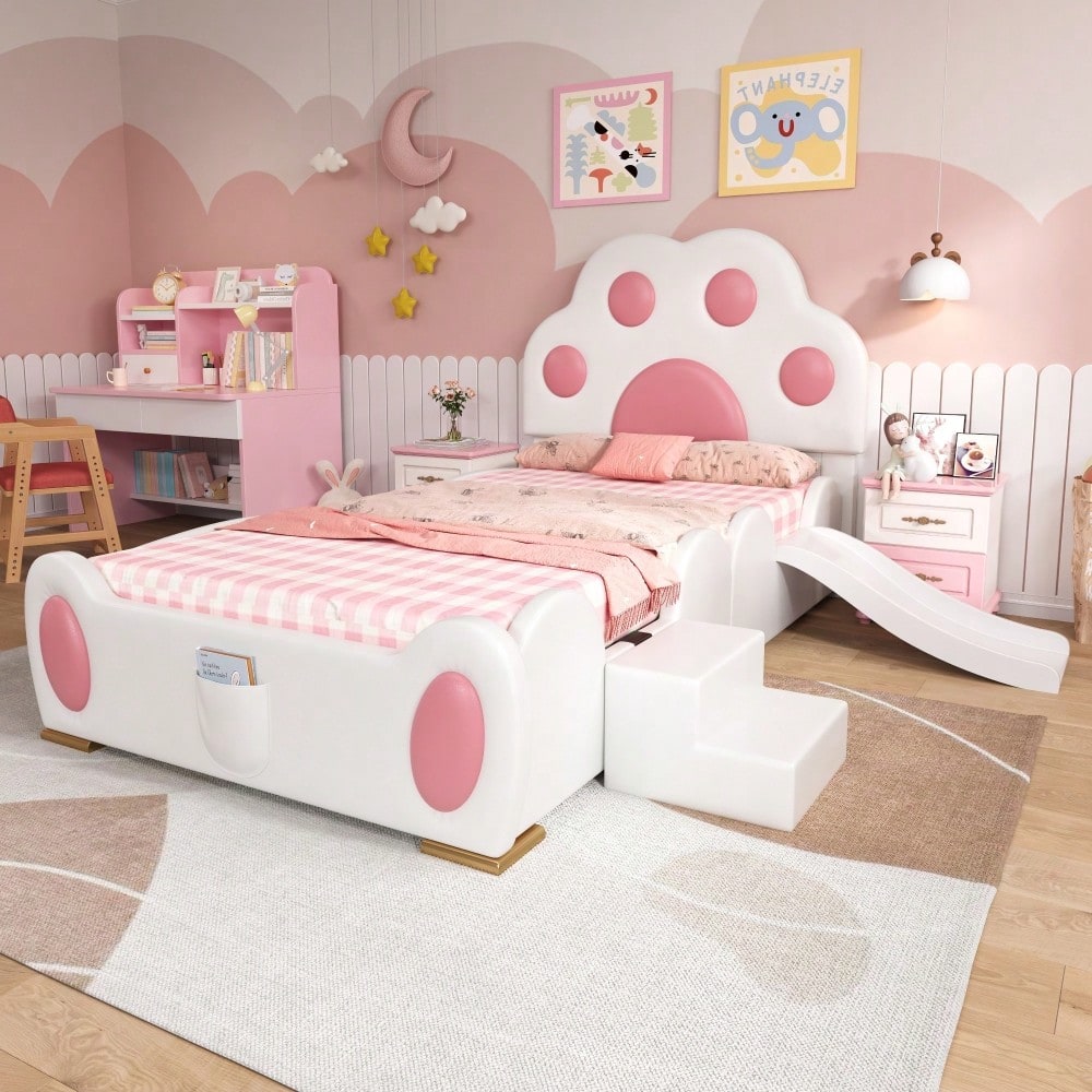 Polsterbett, Einzelbett, Kinderbett, Kopfteil in Form einer Cartoon - Katzenpfote, mit einer Kinderrutsche und einer zweistufigen Leiter,  PU-Oberfläche,Weiß + Rosa, 90x200cm