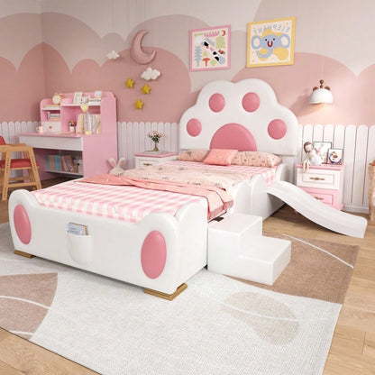 Polsterbett, Einzelbett, Kinderbett, Kopfteil in Form einer Cartoon - Katzenpfote, mit einer Kinderrutsche und einer zweistufigen Leiter,  PU-Oberfläche,Weiß + Rosa, 90x200cm