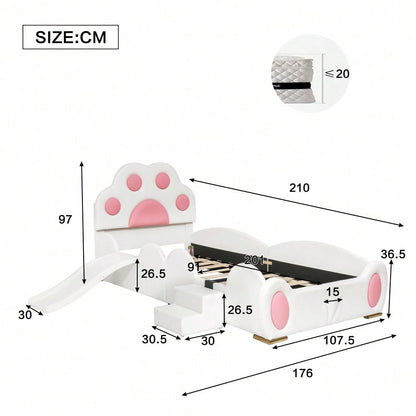 Polsterbett, Einzelbett, Kinderbett, Kopfteil in Form einer Cartoon - Katzenpfote, mit einer Kinderrutsche und einer zweistufigen Leiter,  PU-Oberfläche,Weiß + Rosa, 90x200cm